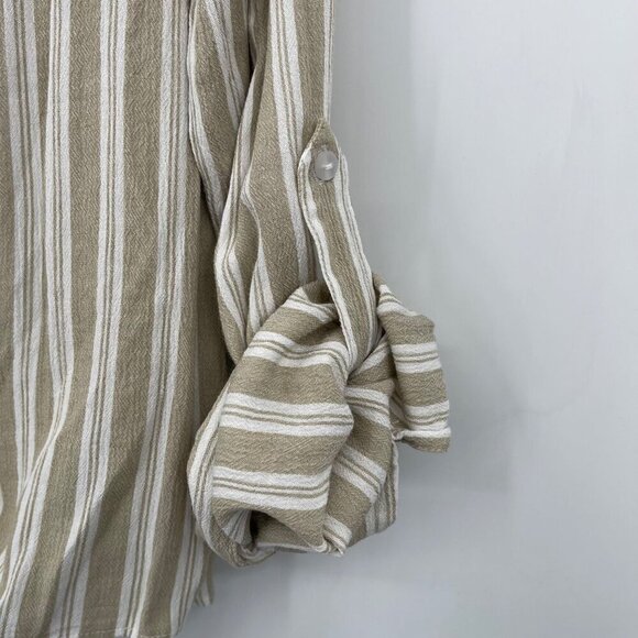 Elan Top Women's M Tan White Stripe Cross Over‎ Tie Front Roll Tab Sleeve Breezy - Picture 4 of 10